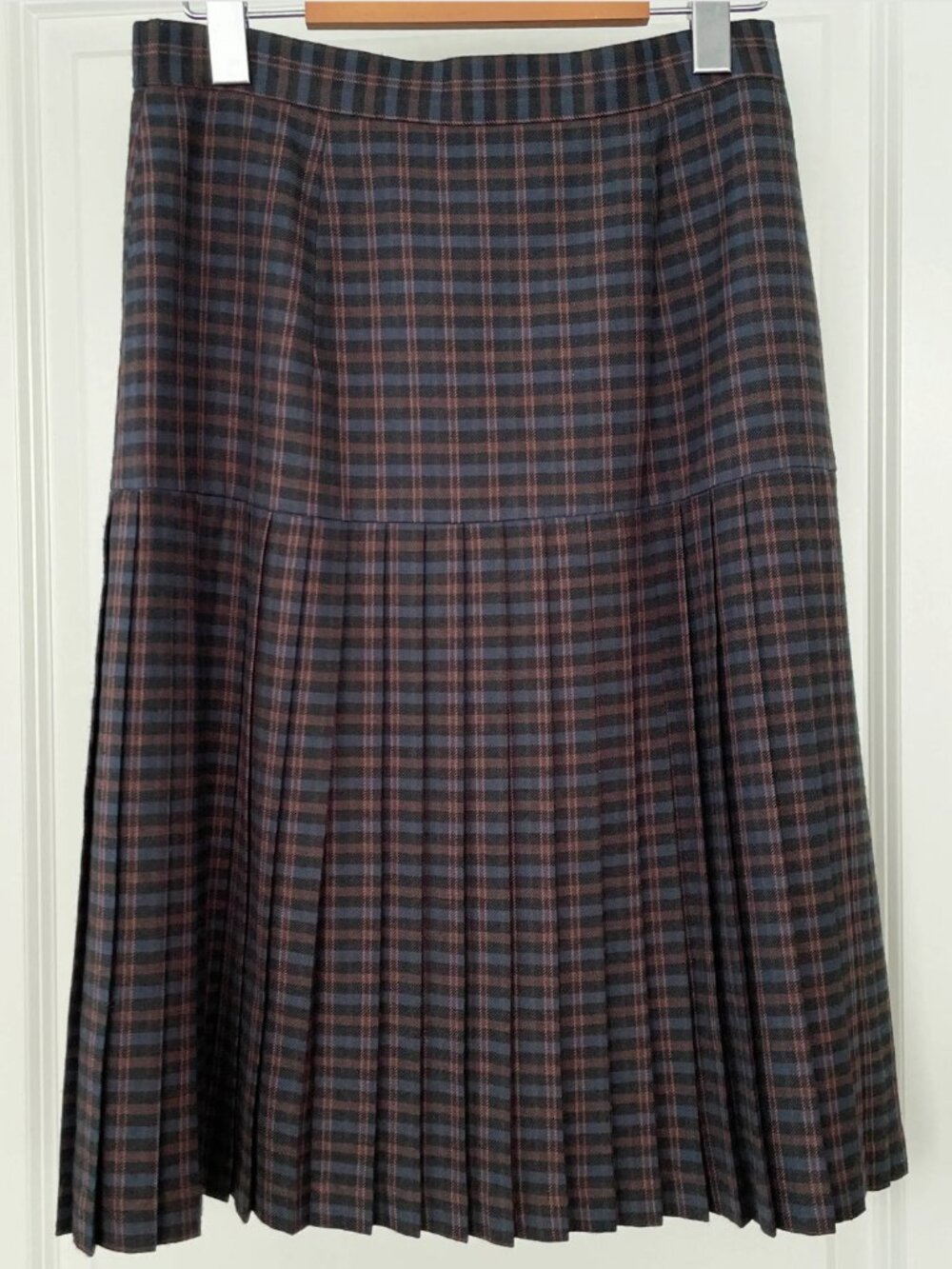 100% Wool Navy Blue Plaid Midi Skirt (29'') - Picture 1 of 6
